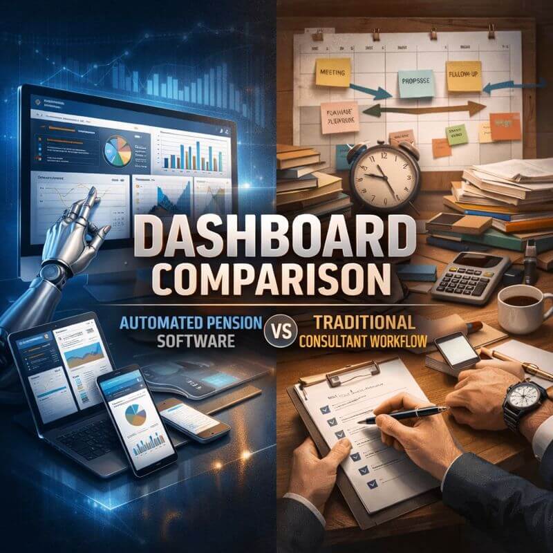 Dashboard comparison showing pension actuarial valuation software with an automated interface beside a traditional consultant workflow timeline.