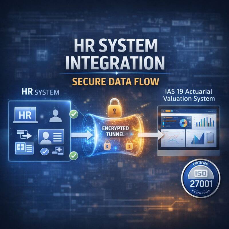 HR system integration interface showing secure encrypted data flow into IAS 19 actuarial valuation software with ISO 27001 compliance indicators.