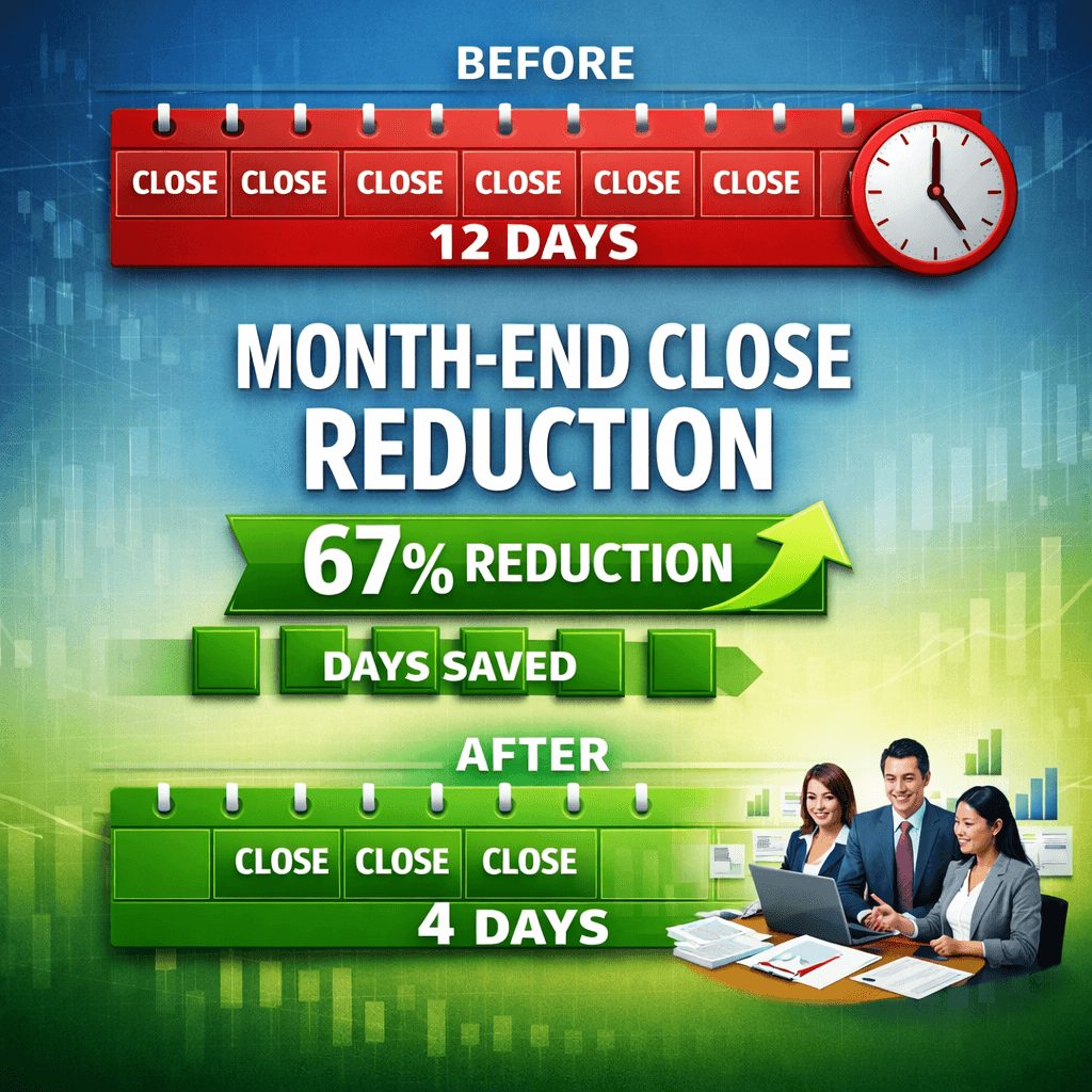 IAS 19 actuarial valuation infographic showing month-end close time savings comparison, with a before-and-after visualization highlighting a reduction from 12 days to 4 days through automation, a 67% efficiency improvement, and increased finance team capacity.