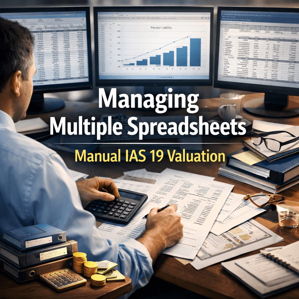 Finance team member managing multiple spreadsheets during manual IAS 19 valuation, highlighting manual IAS 19 valuation risks such as data errors, version control issues, and operational inefficiencies.
