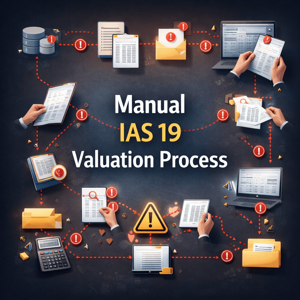 Visual representation of fragmented data flow with multiple handoff points in a manual IAS 19 valuation process, emphasizing manual IAS 19 valuation risks related to delays, rework, and data integrity issues.