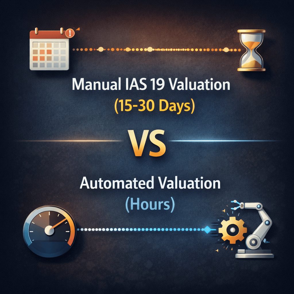 Timeline comparison showing manual IAS 19 valuation taking 15–30 days versus automated valuation completed in hours, demonstrating key manual IAS 19 valuation risks around inefficiency and slow reporting cycles.