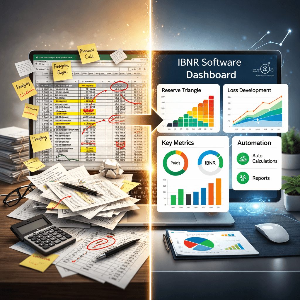 Side-by-side comparison of a messy Excel spreadsheet on the left and a clean, colorful IBNR software dashboard on the right, showing reserve triangles, charts, and automated outputs.