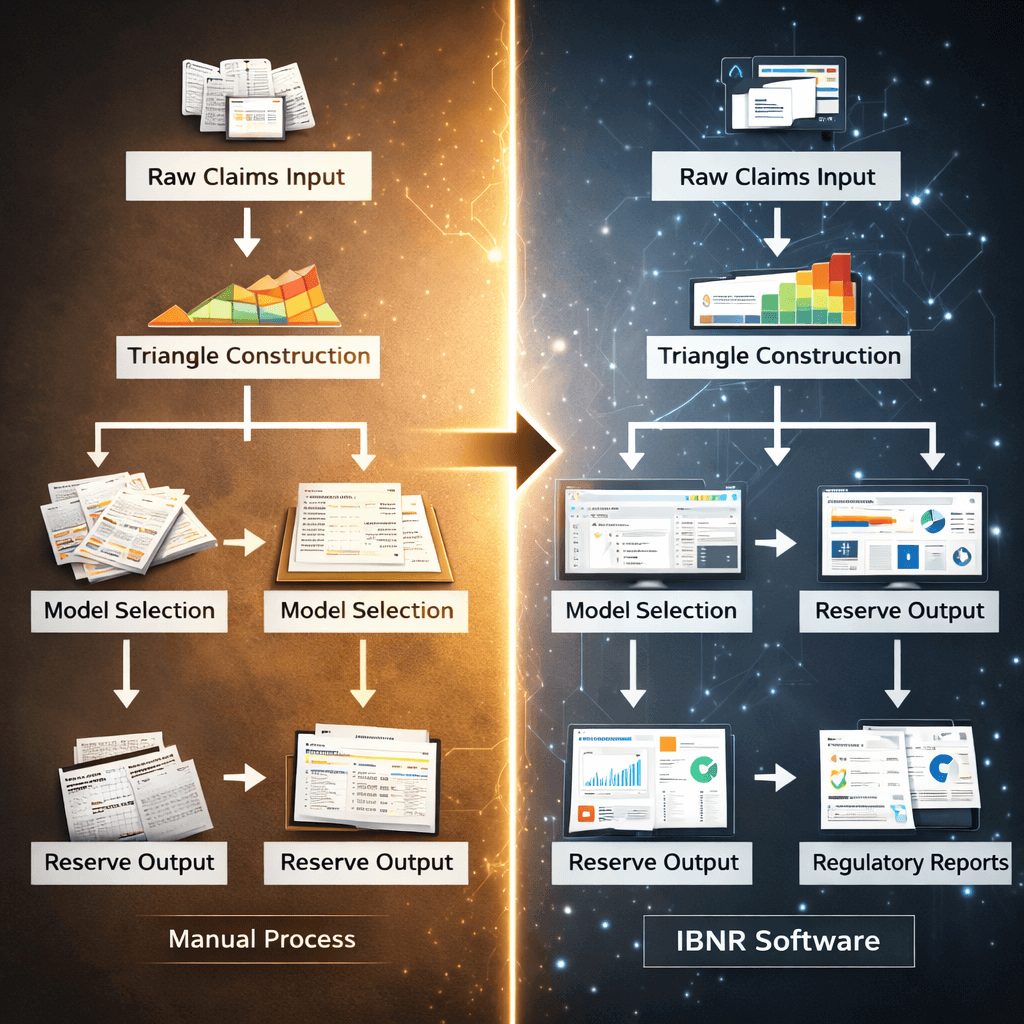 Flowchart comparing manual claims processing with parallel IBNR software workflow, highlighting triangle construction, model selection, reserve outputs, and regulatory reports.