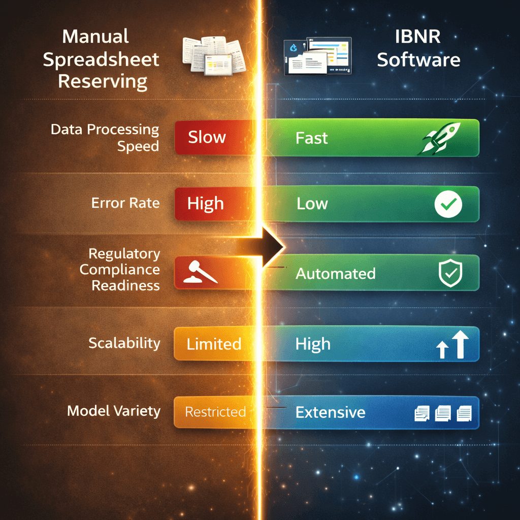 Side-by-side infographic comparing manual spreadsheet reserving with IBNR software, showing differences in data speed, error rate, regulatory compliance, scalability, and model variety with color-coded bars.