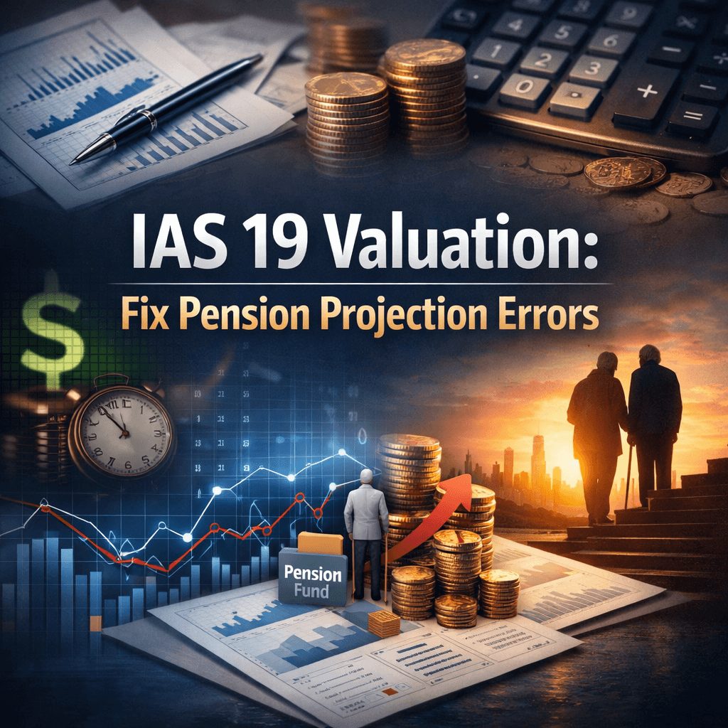 IAS 19 valuation concept image showing pension projections, financial charts, coins, and retirees highlighting projection errors impact.
