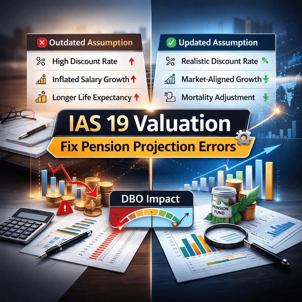 Side-by-side IAS 19 valuation comparison of outdated assumptions vs updated assumptions and resulting DBO impact.