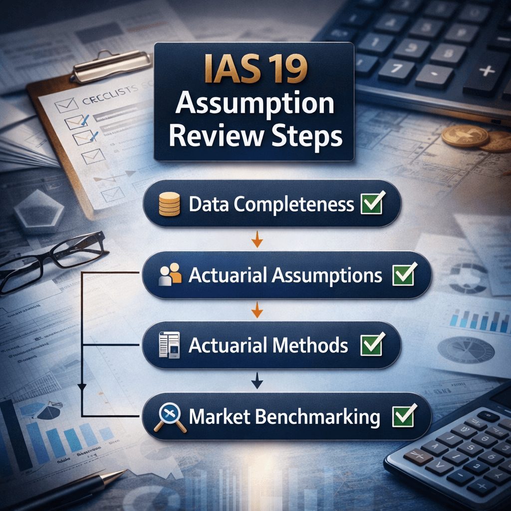IAS 19 valuation audit review process flowchart covering data completeness, assumptions review, actuarial method, and market benchmarking.