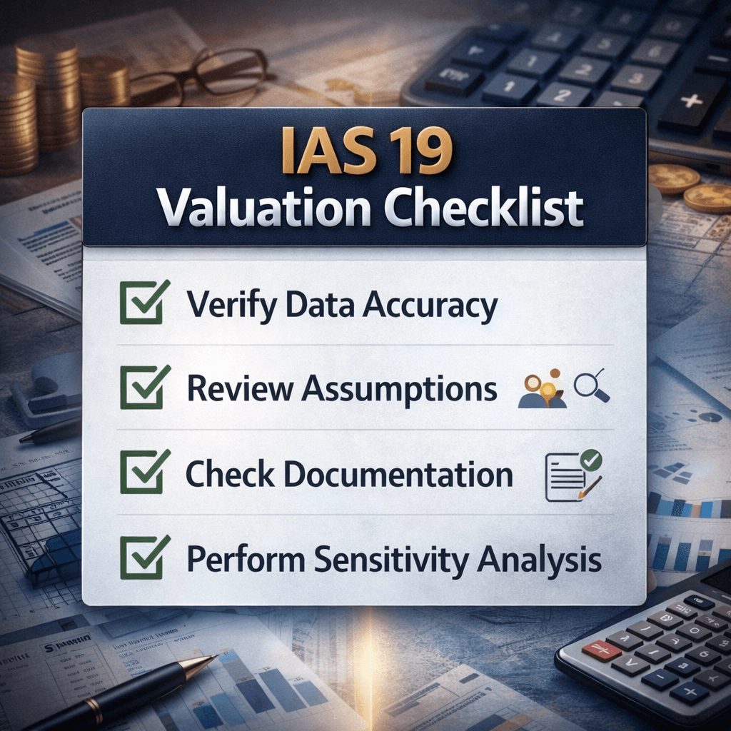 IAS 19 valuation checklist displaying data accuracy verification, documentation review, and sensitivity analysis steps.