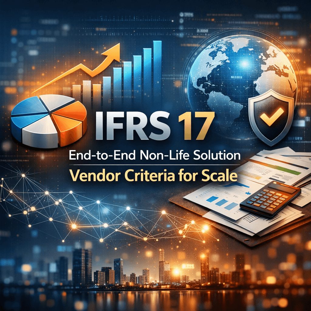 IFRS 17 end to end non life solution vendor criteria infographic showing analytics, scalability metrics, and compliance visualization
