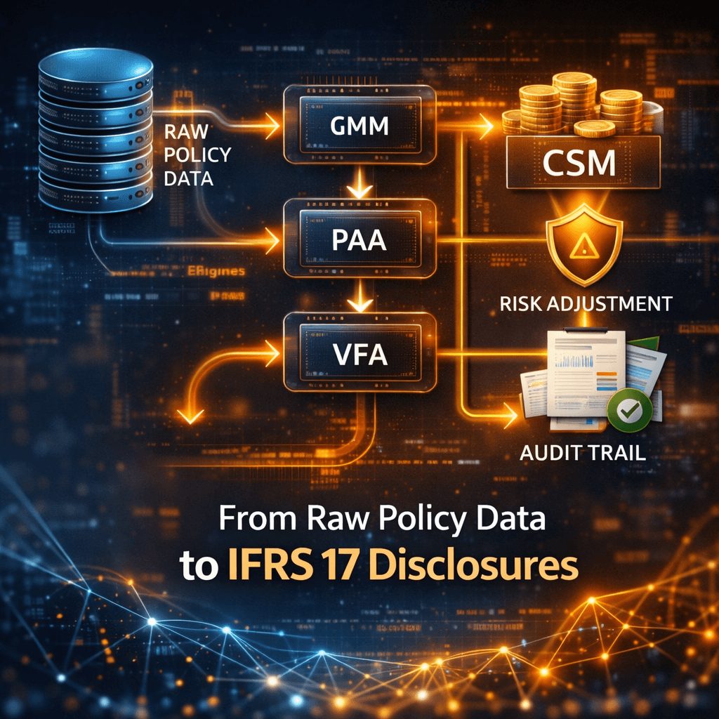IFRS 17 end to end non life solution data flow from raw policy data through GMM, PAA, VFA to disclosures with CSM and risk adjustment outputs