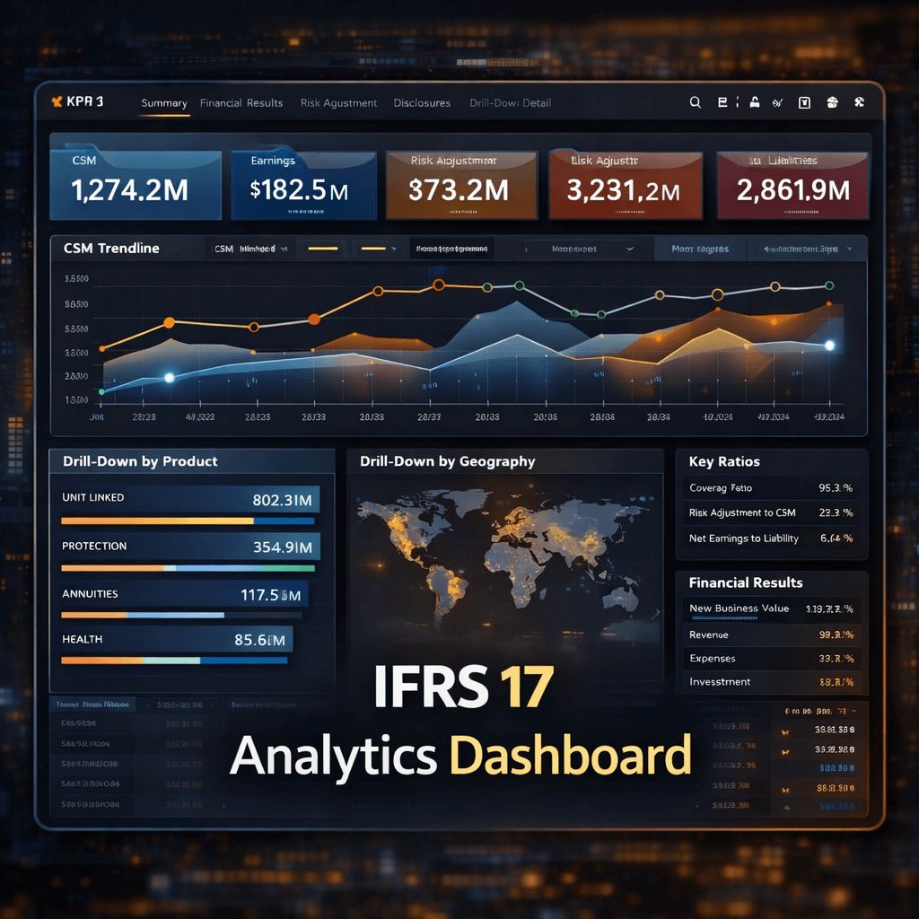 IFRS 17 end to end non life solution analytics dashboard with CSM trend lines, KPI metrics, and drill down by product and geography