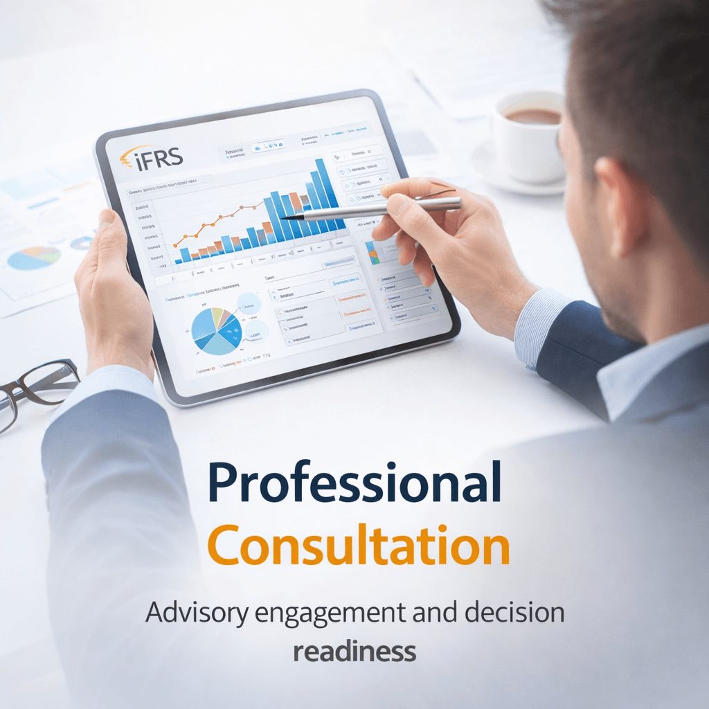 IFRS 17 end to end non life solution consultation showing expert reviewing analytics report for advisory and decision readiness
