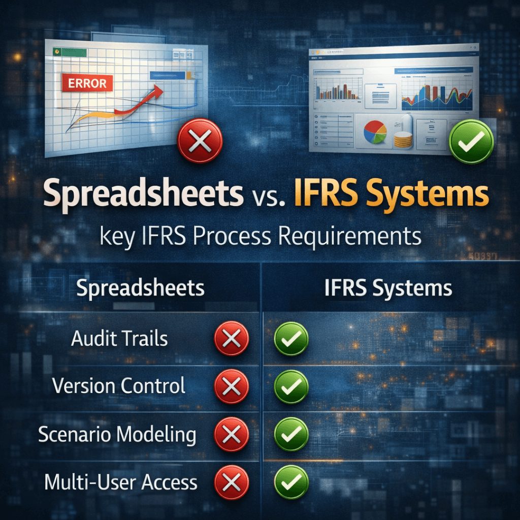 Comparison of spreadsheets versus ifrs systems highlighting audit trails version control and limitations in ifrs compliance software solution