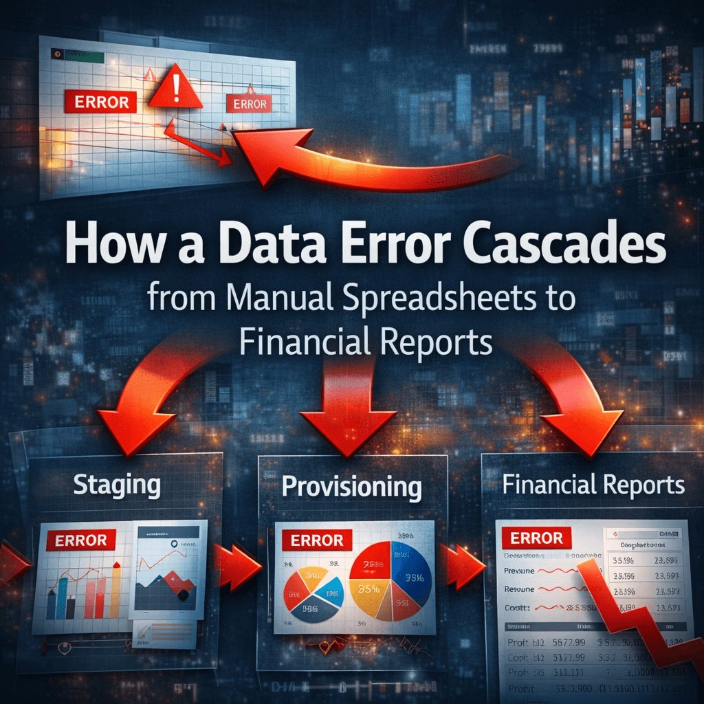 Data error cascading from manual spreadsheet through staging provisioning into financial reports in ifrs compliance software solution