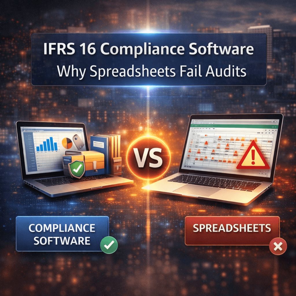 Infographic comparing IFRS 16 compliance software with spreadsheets, showing software accuracy and audit readiness versus spreadsheet errors and risks.