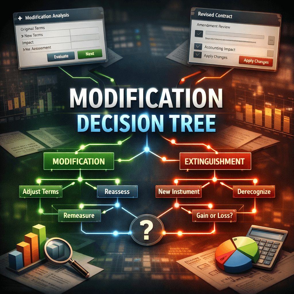 Screenshot-style decision tree visualization illustrating complex contract modification logic, highlighting how ifrs 16 compliance software supports systematic and accurate modification accounting decisions.