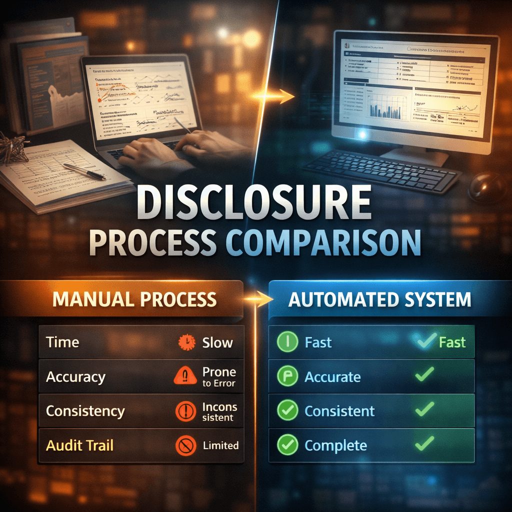 Comparison table visualization showing manual disclosure processes versus automated system-generated disclosures, emphasizing efficiency, accuracy, and control achieved through ifrs 16 compliance software.