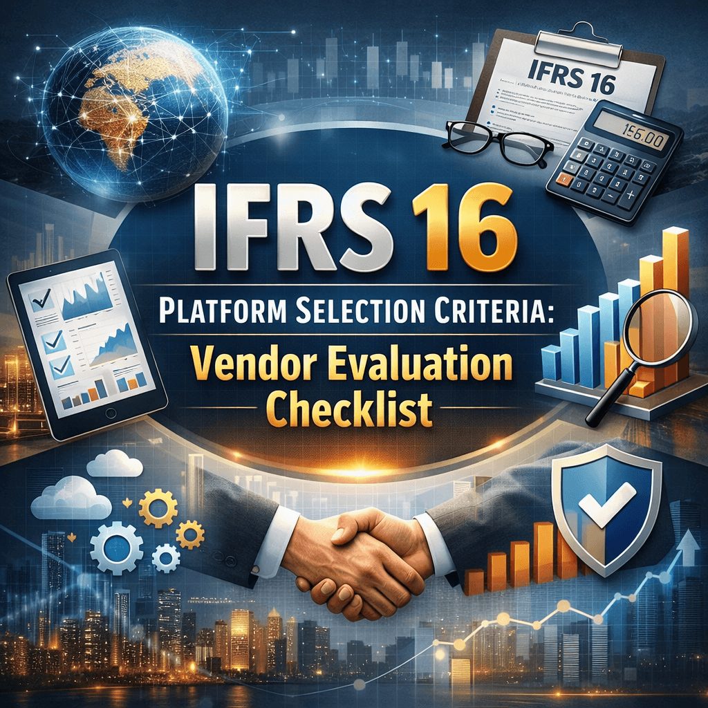 Professional IFRS 16 platform selection infographic highlighting vendor evaluation criteria for compliance, accuracy, and scalability in an IFRS 16 reporting platform.