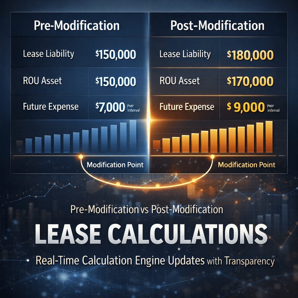 Side-by-side view of pre-modification and post-modification lease calculations showing changes in lease liability, ROU asset, and expenses within an IFRS 16 reporting platform.