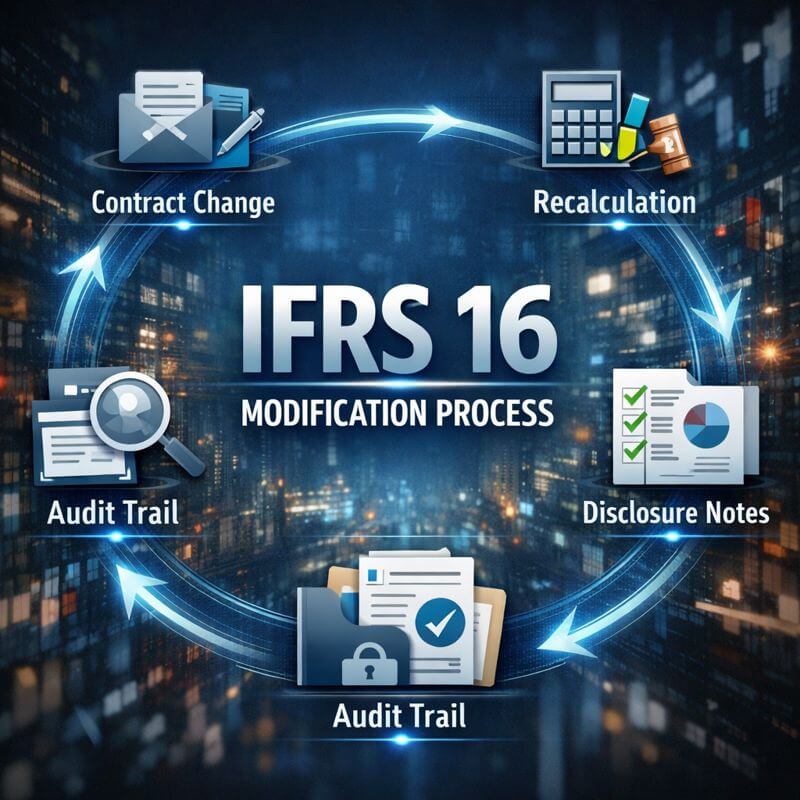 Comparison matrix of an IFRS 16 reporting platform showing modification handling, audit trail completeness, integration capabilities, and scalability in a professional workflow-based layout.