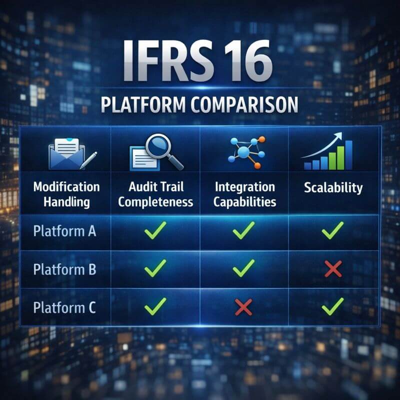 Comparison matrix of an IFRS 16 reporting platform evaluating modification handling, audit trail completeness, integration capabilities, and scalability.