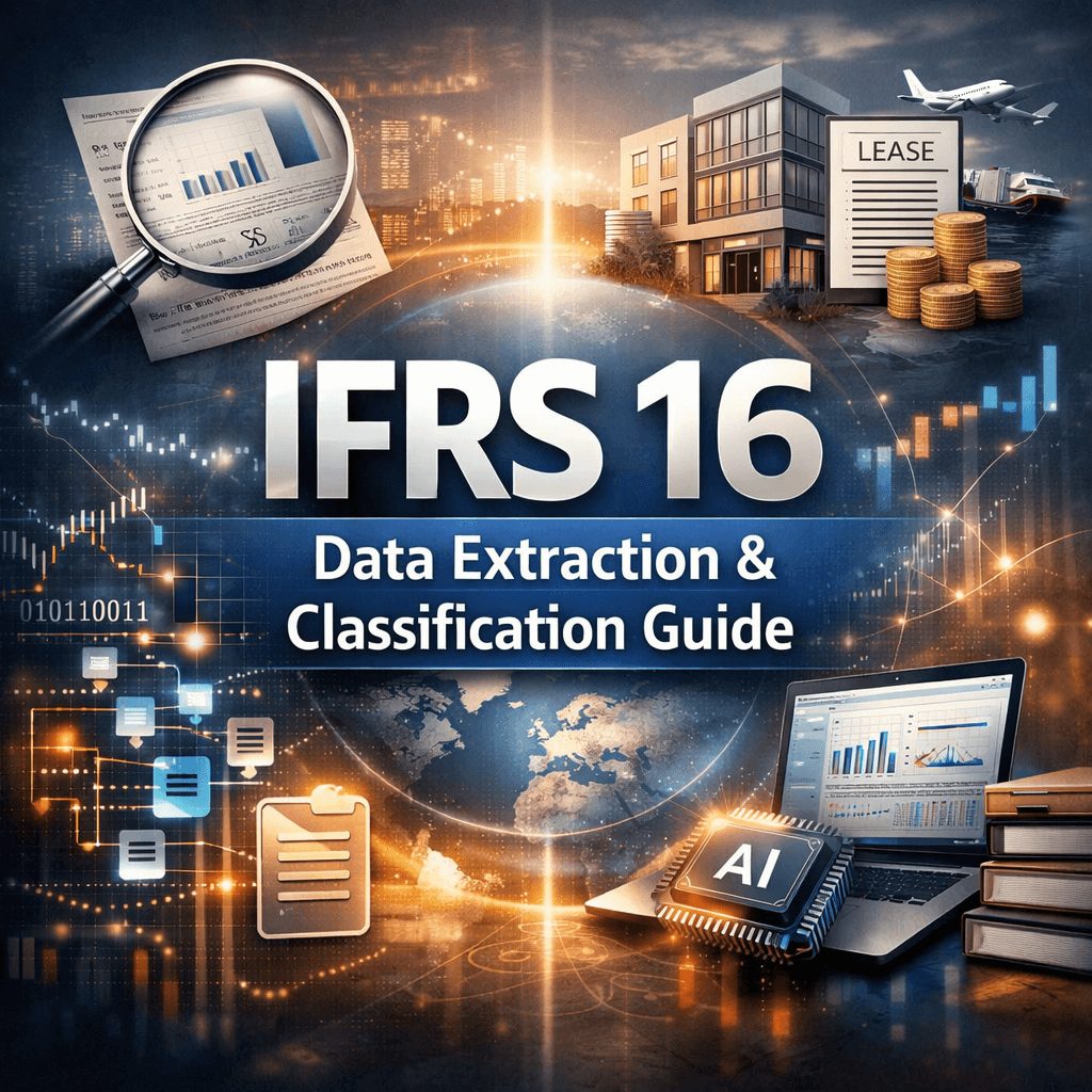 Professional IFRS 16 software infographic illustrating data extraction and lease classification workflow for compliance reporting.