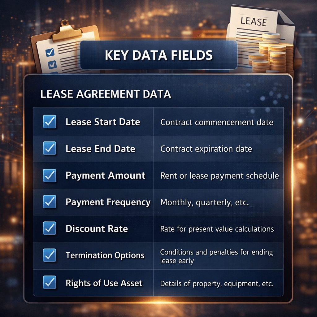 IFRS 16 software checklist showing key lease data fields required from contracts for accurate accounting and compliance.