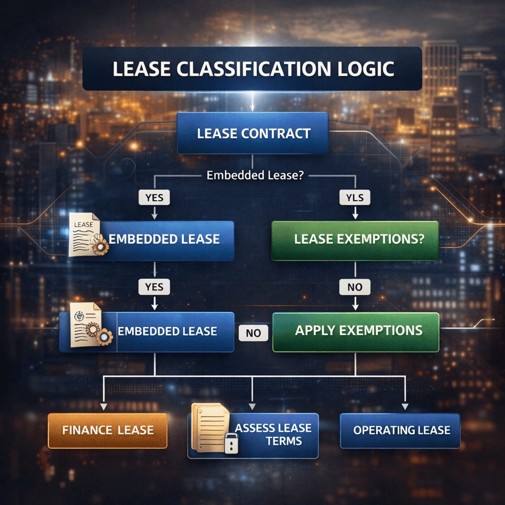 IFRS 16 software decision tree visualizing lease classification logic, embedded lease identification, and exemption assessment.