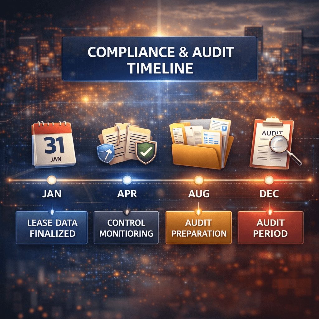 IFRS 16 software compliance timeline showing lease data finalization, audit preparation phases, and ongoing control checkpoints.