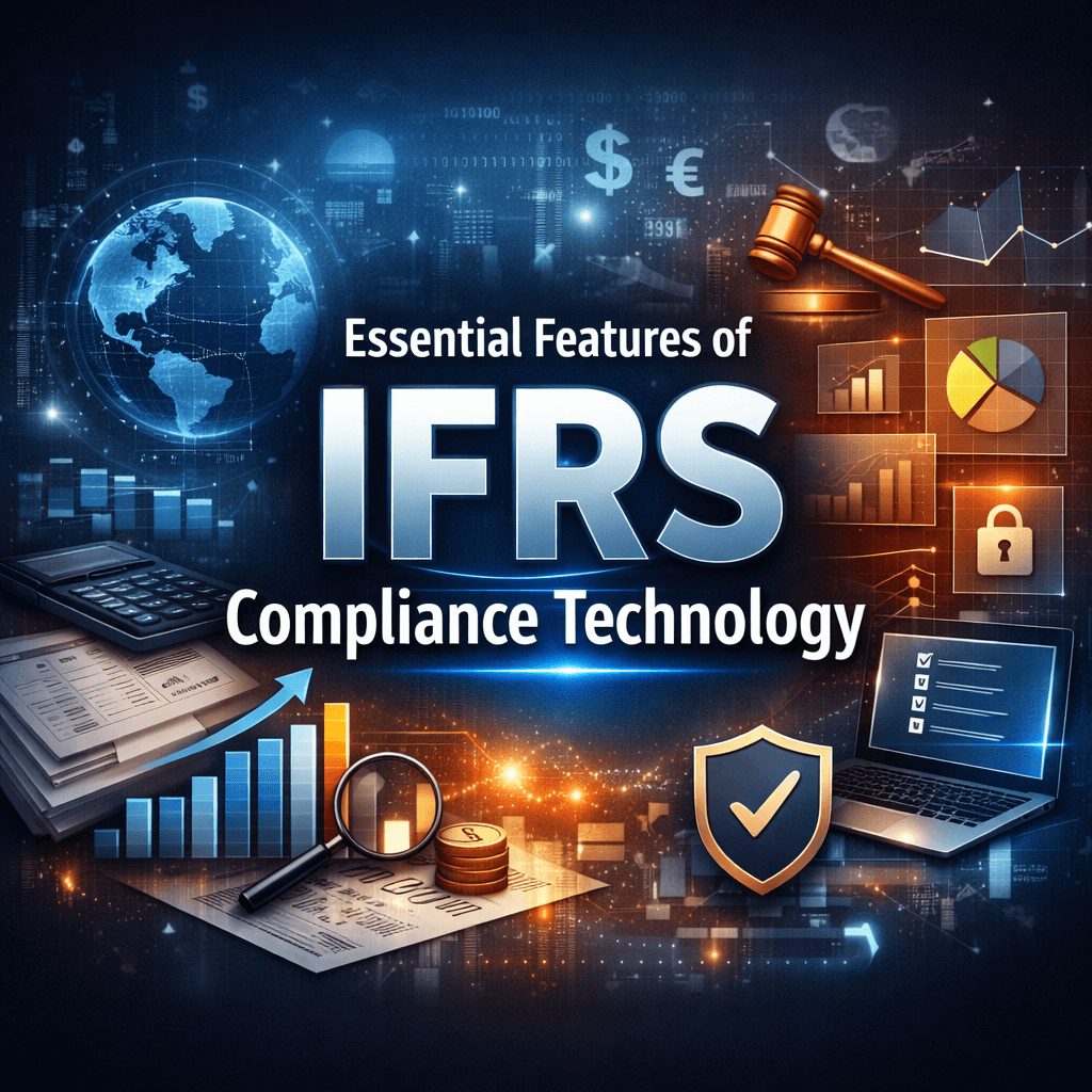 Infographic showing essential features of IFRS compliance technology with financial dashboards, automation tools, and data security elements in a professional digital layout.