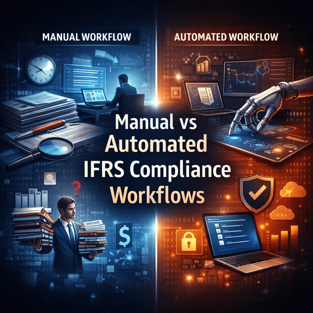Side-by-side infographic comparing manual processes and automated IFRS compliance technology workflows with documents, dashboards, and AI-driven tools.