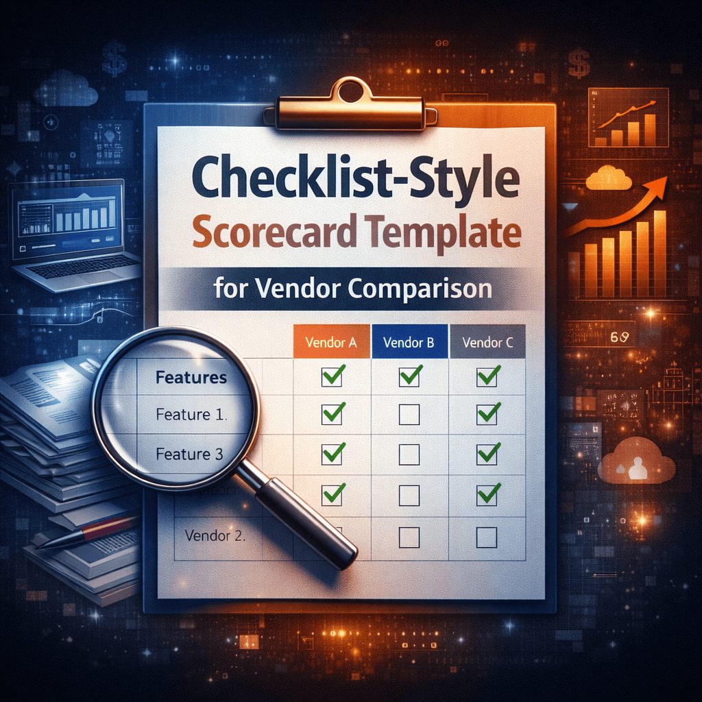 Checklist-style scorecard template for evaluating IFRS compliance technology vendors with checkbox columns and feature comparison layout.