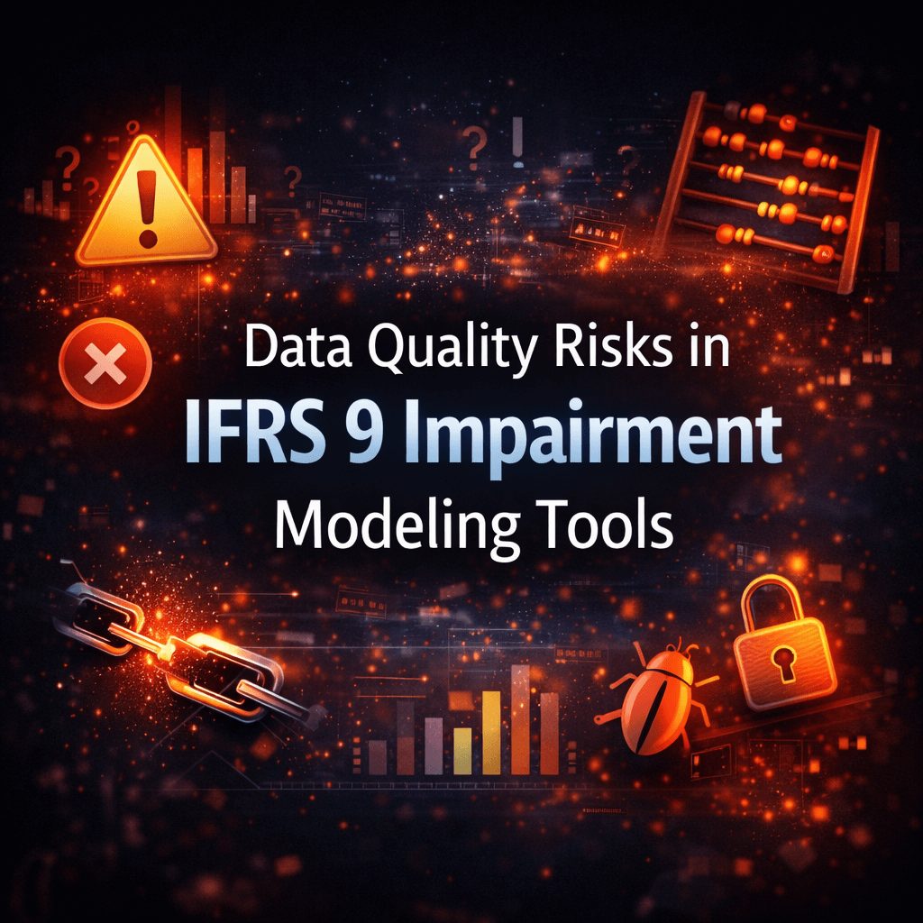 Infographic highlighting major data quality risks in ifrs 9 impairment modeling tools with warning icons, broken data links, and modeling errors.