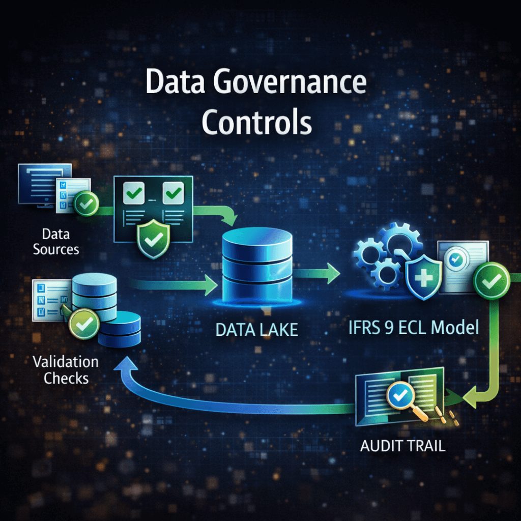 Process diagram showing data governance flow from source systems and validation checks into a data lake feeding ifrs 9 impairment modeling tools with audit trail output.
