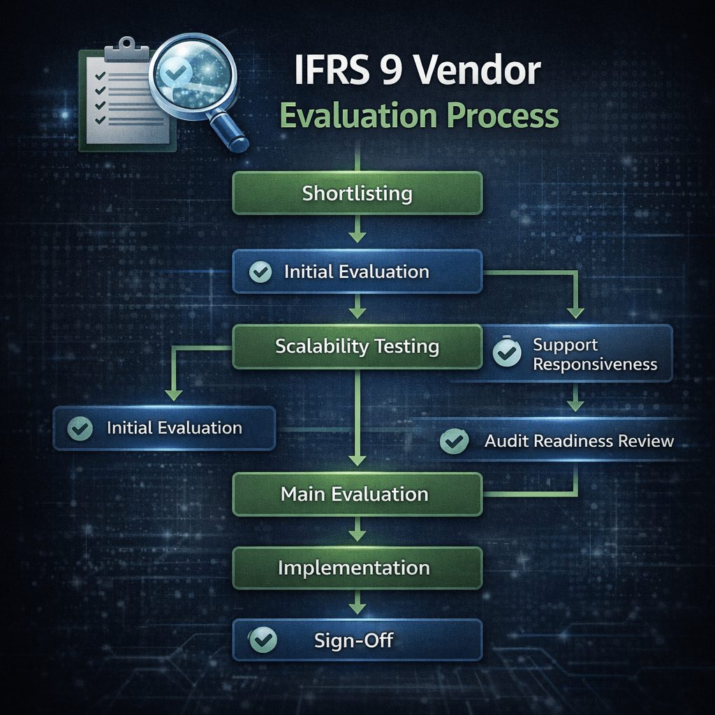 Flowchart infographic of IFRS 9 vendor evaluation process for financial institutions, covering shortlisting, scalability testing, audit readiness, and final sign-off.
