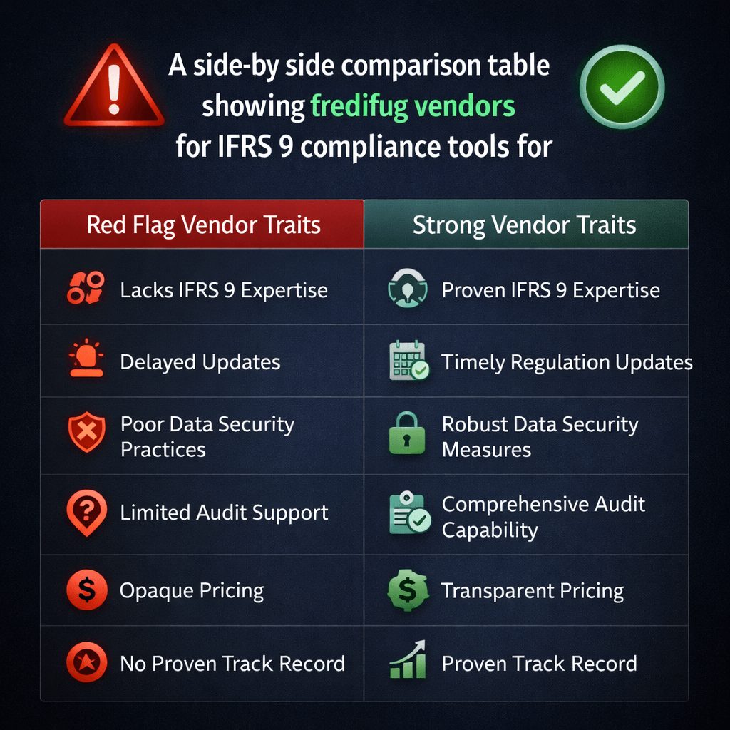 Clean comparison table infographic showing red flag vs strong vendor traits in IFRS 9 solutions for financial institutions with side-by-side columns and icons.
