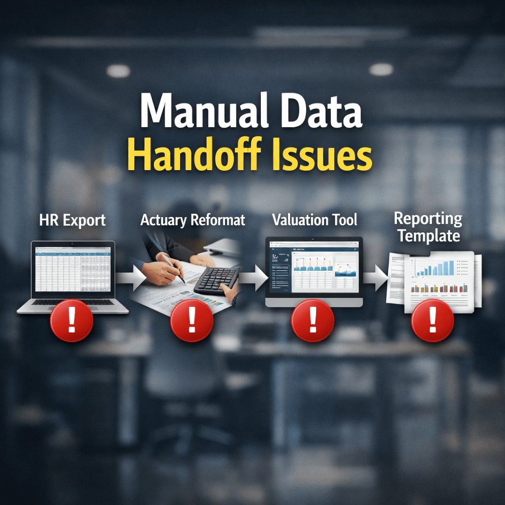 Flowchart of manual HR to actuarial process showing multiple error points in ias 19 actuarial valuation software workflows
