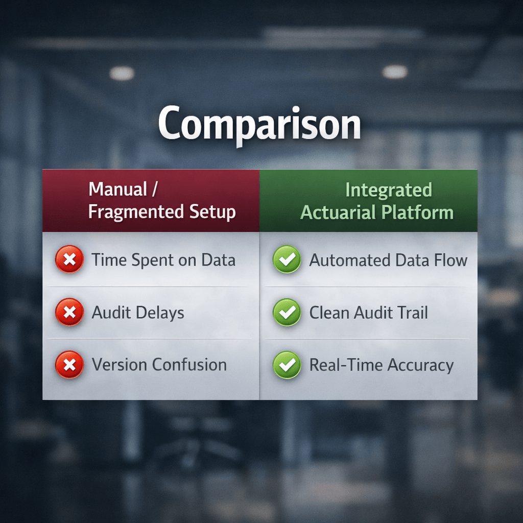 Side by side comparison of manual setup vs integrated platform in ias 19 actuarial valuation software with red and green indicators