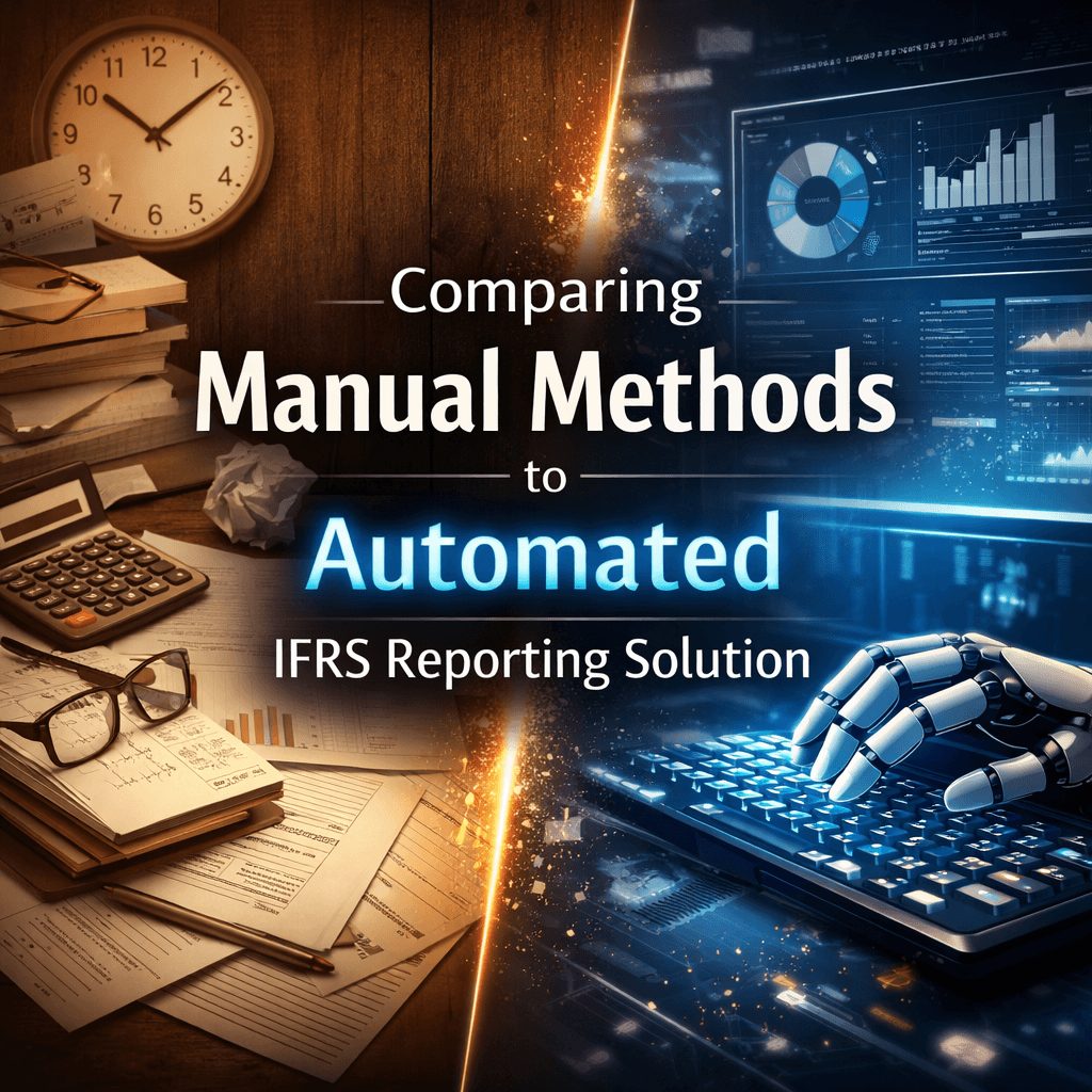 Side-by-side visual comparing manual spreadsheet-based reporting with an automated ifrs reporting solution using digital dashboards and system automation.