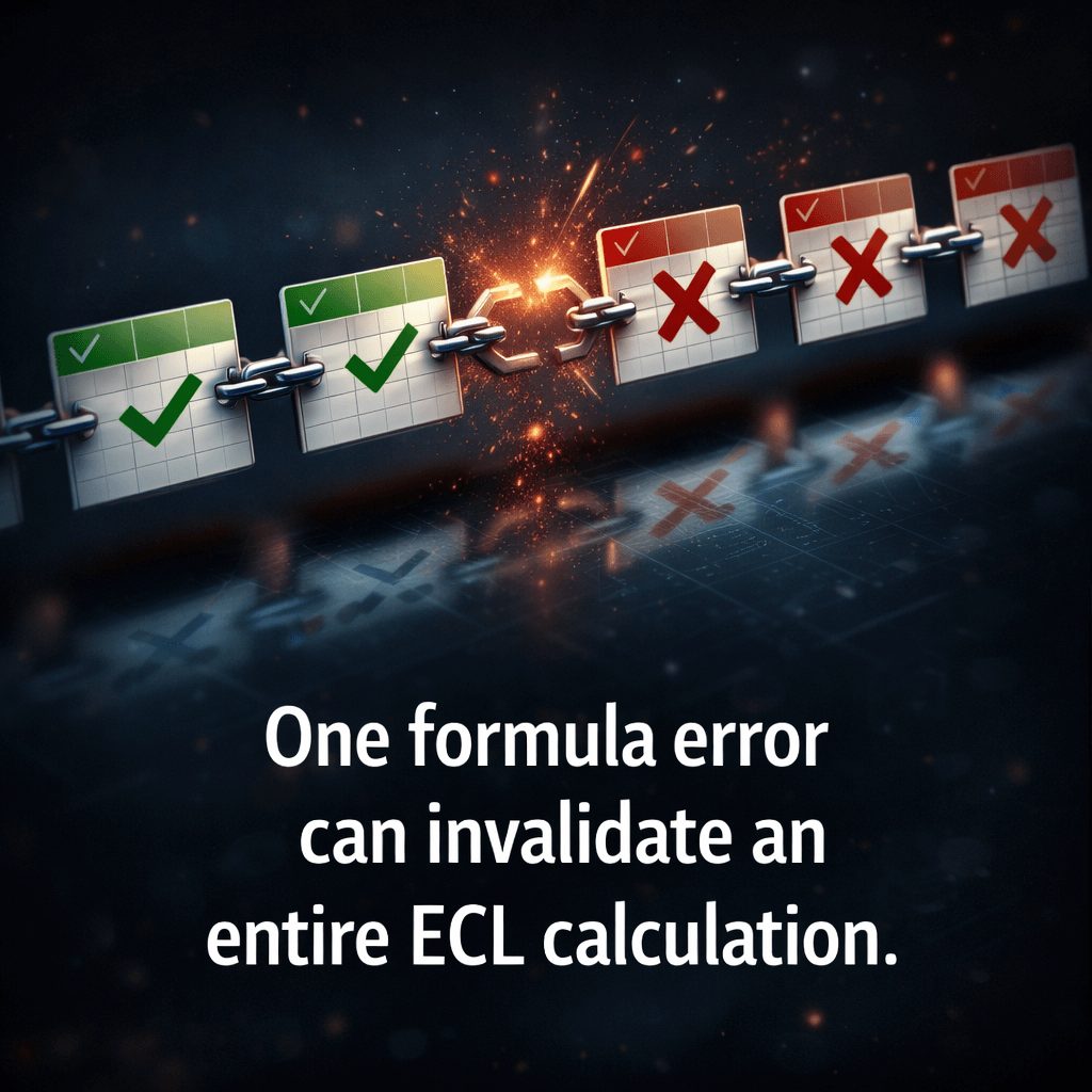 Linked spreadsheet cells forming a chain with one broken formula causing cascading red errors, highlighting risks without an automated ifrs reporting solution.