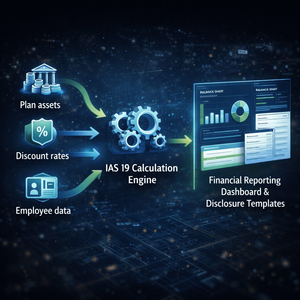 Actuarial inputs flowing into a central IAS 19 engine and generating dashboard reports, powered by an integrated ifrs reporting solution.