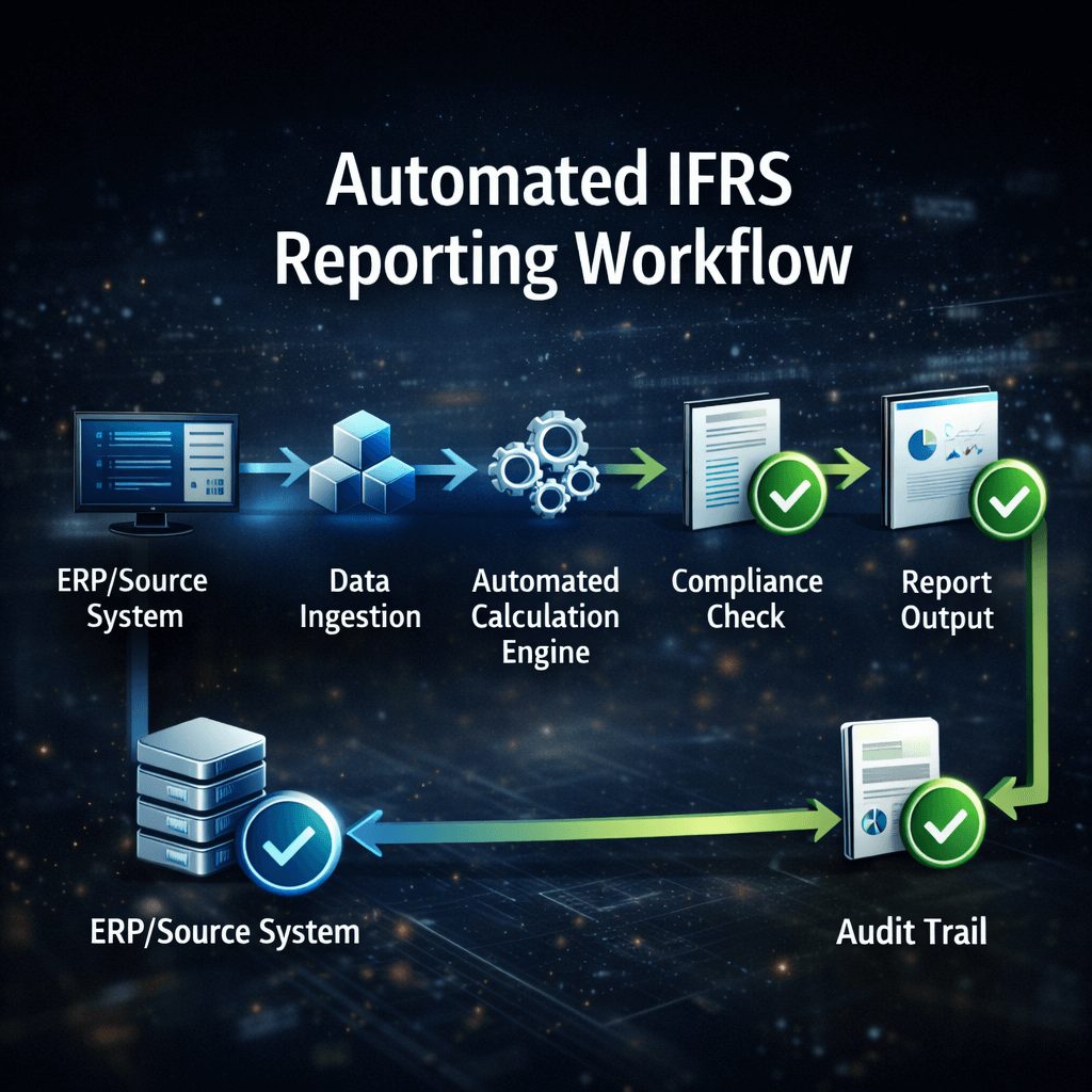 End-to-end automated ifrs reporting solution workflow showing ERP integration, data ingestion, calculation engine, compliance checks, reporting output, and audit trail.
