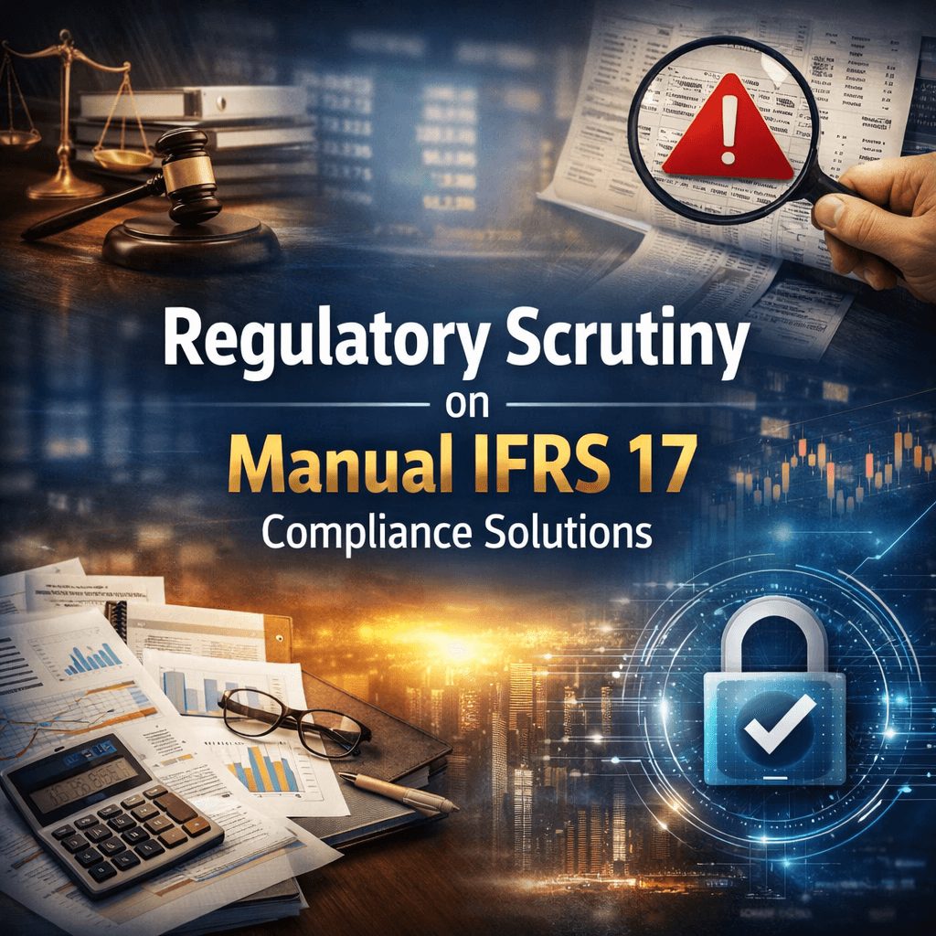 Professional infographic illustrating regulatory scrutiny risks associated with manual IFRS 17 compliance solutions, highlighting governance, financial reporting, and compliance oversight.