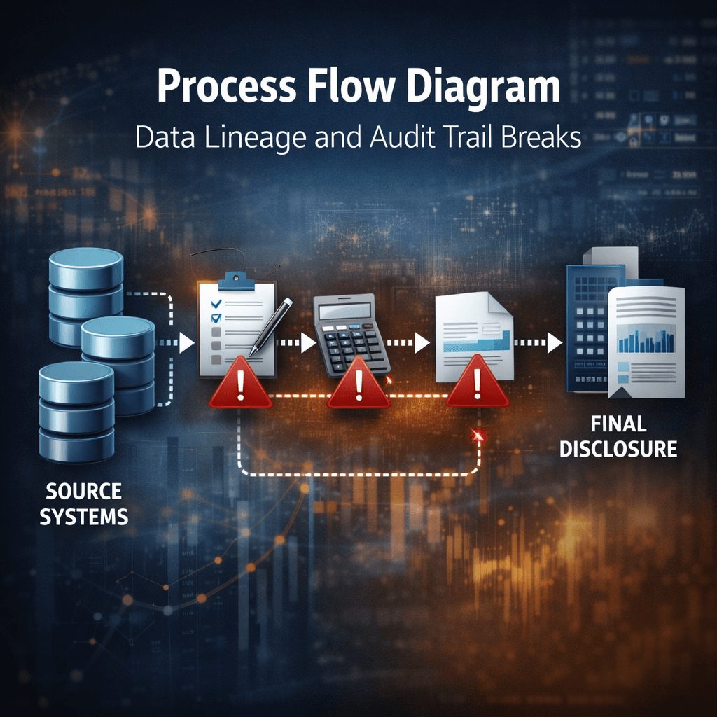 Process flow infographic showing how data moves from source systems through manual processes to final disclosures in IFRS 17 compliance solutions, highlighting audit trail and data lineage risks.