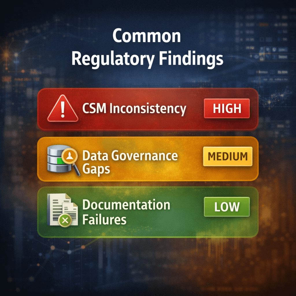 Risk heat map infographic highlighting common regulatory findings in IFRS 17 compliance solutions, including CSM inconsistency, data governance gaps, and documentation failures.