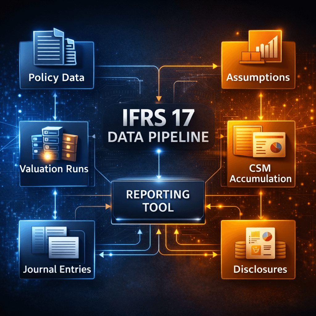 Process flow infographic showing the actuarial-to-finance data pipeline used by ifrs 17 insurance reporting tools, including policy data, assumptions, valuation runs, CSM accumulation, journal entries, and disclosures.