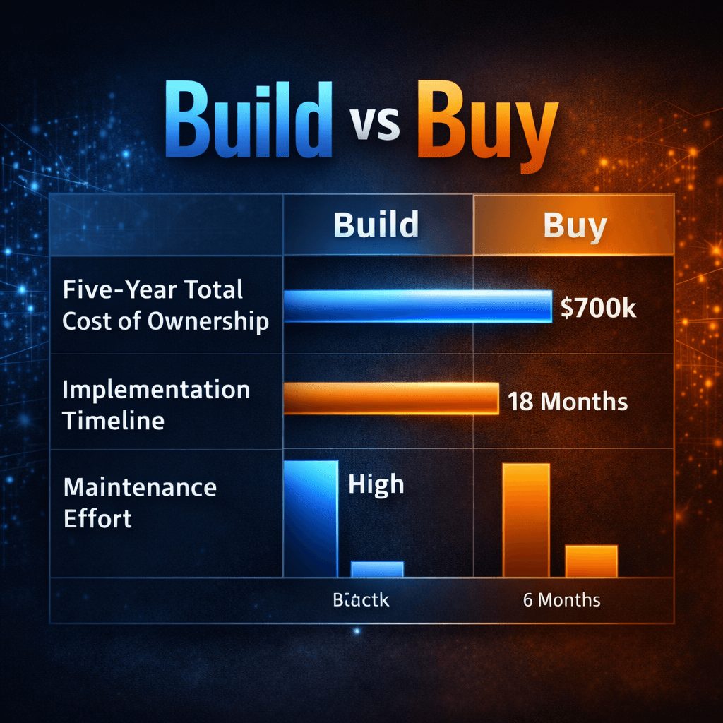 Comparison chart infographic evaluating build vs buy ifrs 17 insurance reporting tools based on five-year total cost of ownership, implementation timeline, and maintenance effort.