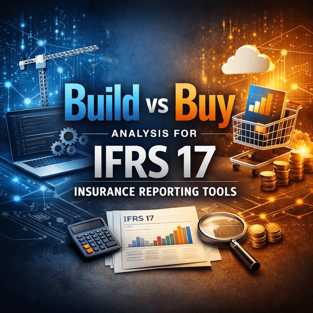 Professional infographic thumbnail illustrating Build vs Buy analysis for ifrs 17 insurance reporting tools, showing development tools on one side and purchased software solutions on the other.