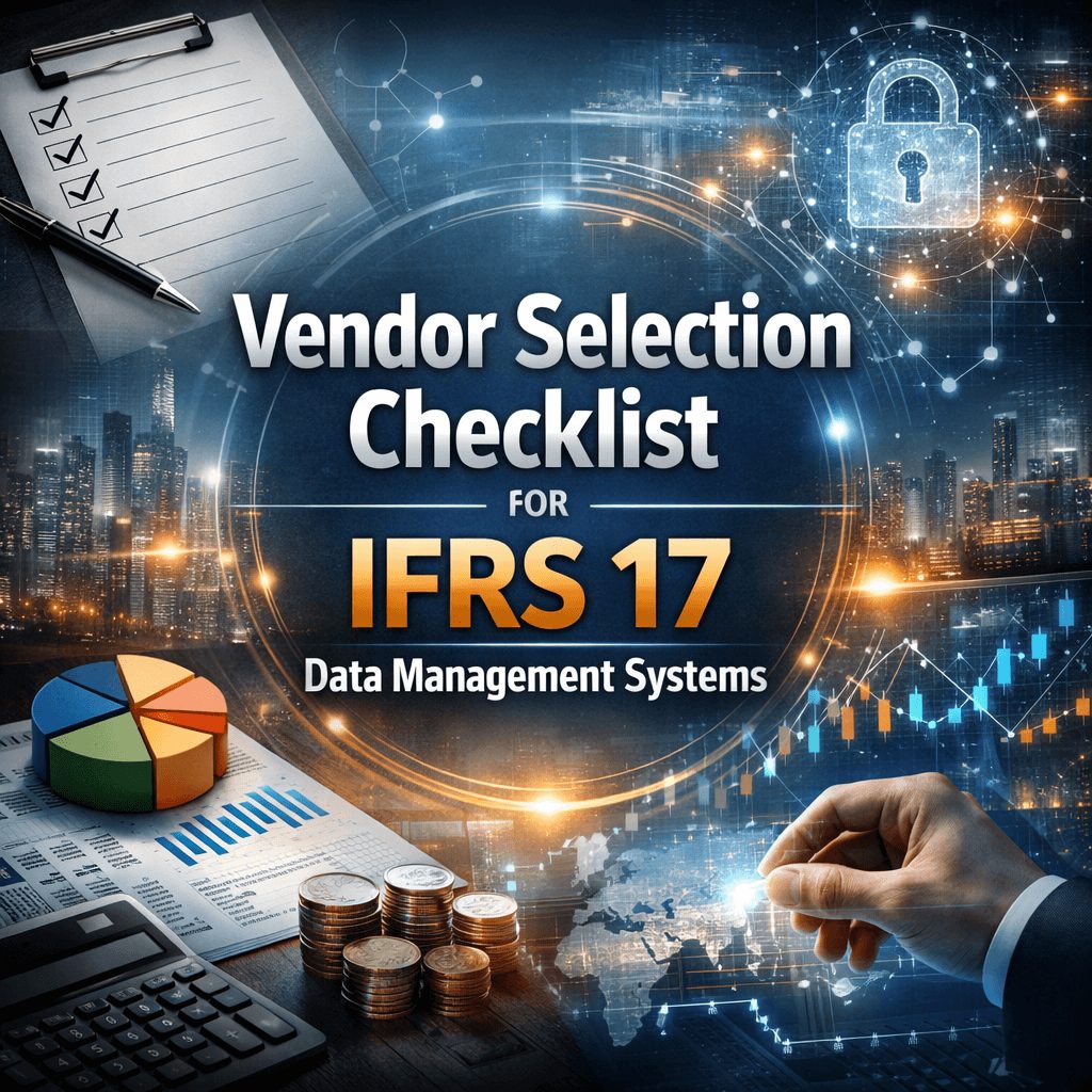 Vendor selection checklist infographic for IFRS 17 data management systems highlighting security, analytics, and financial data integration.